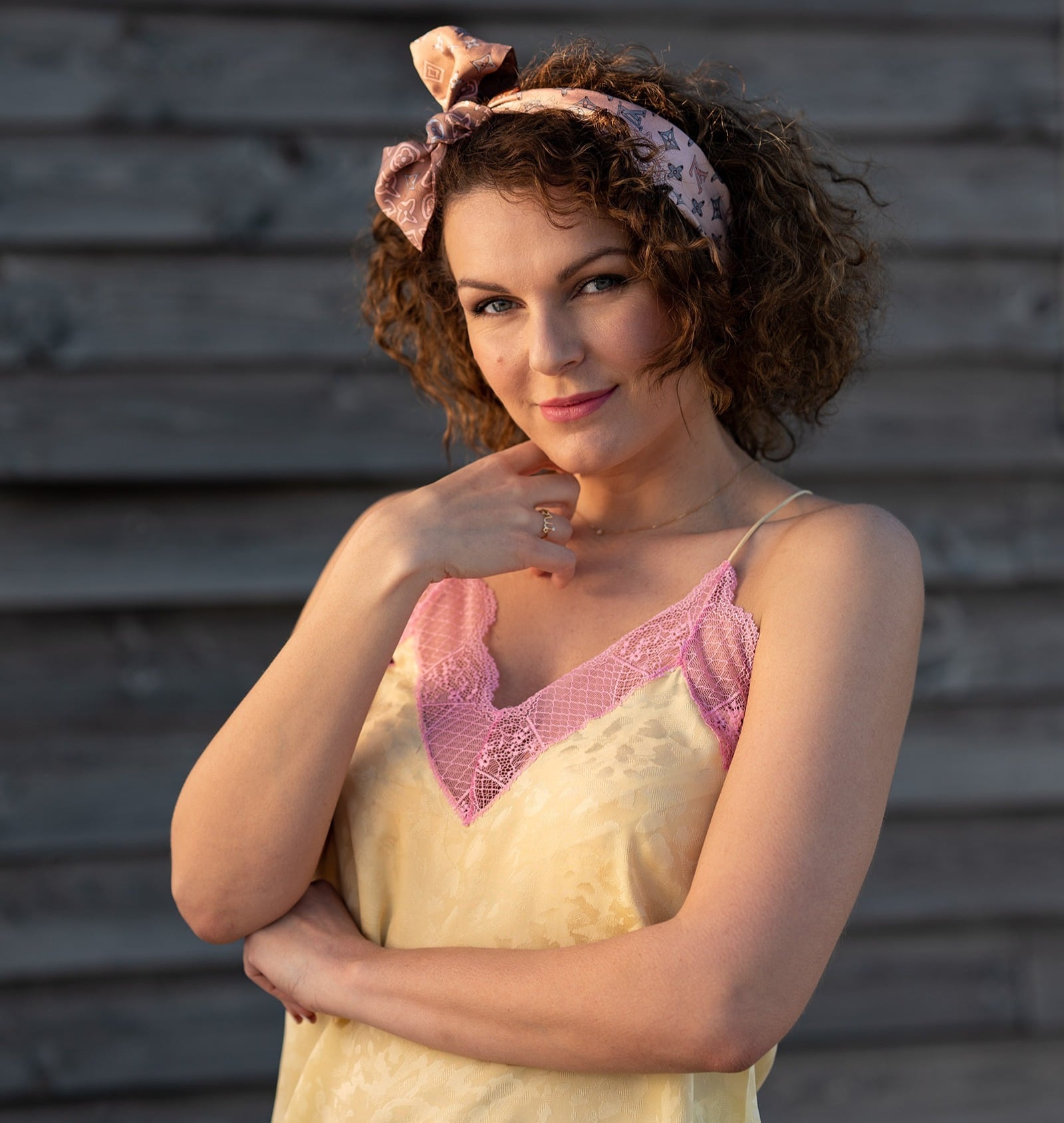 Curly hair ribbon and silk top 