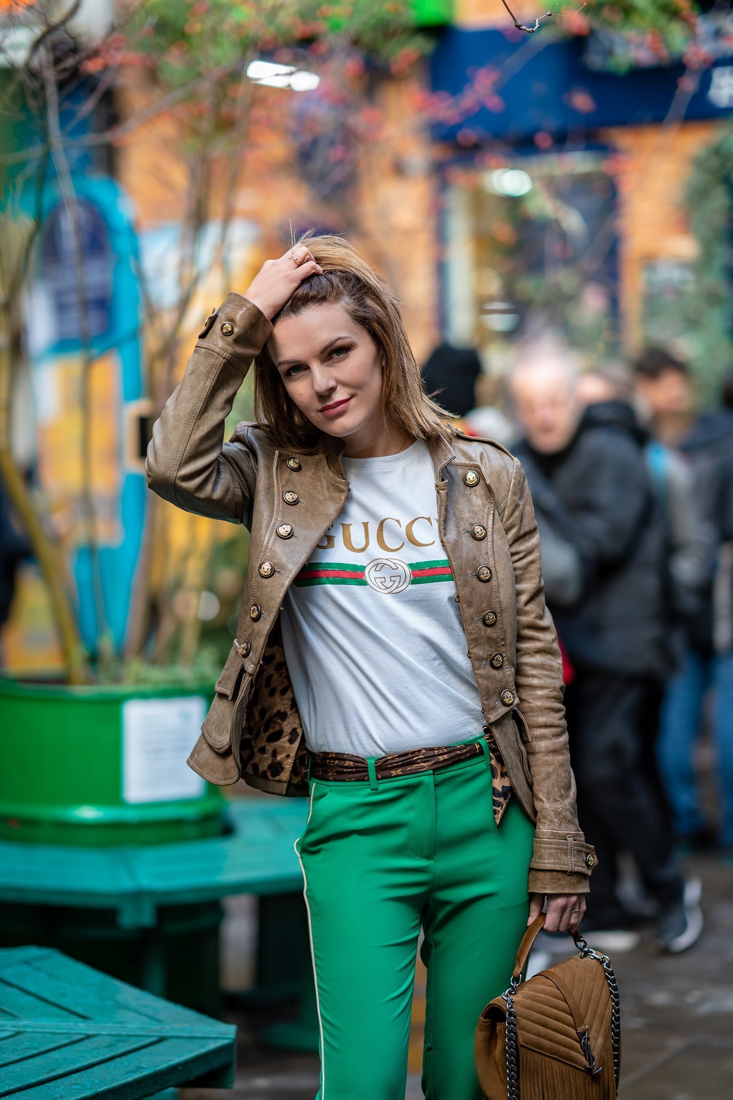 Leather jacket green pants and Gucci t shirt