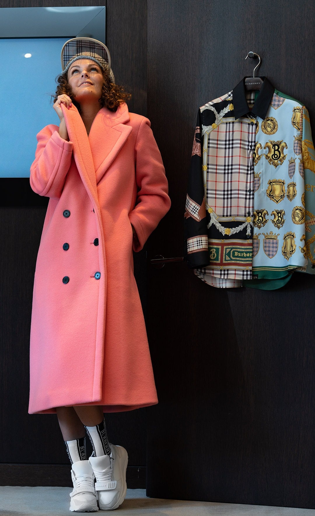 Pink coat in Burberry's VIP fitting room