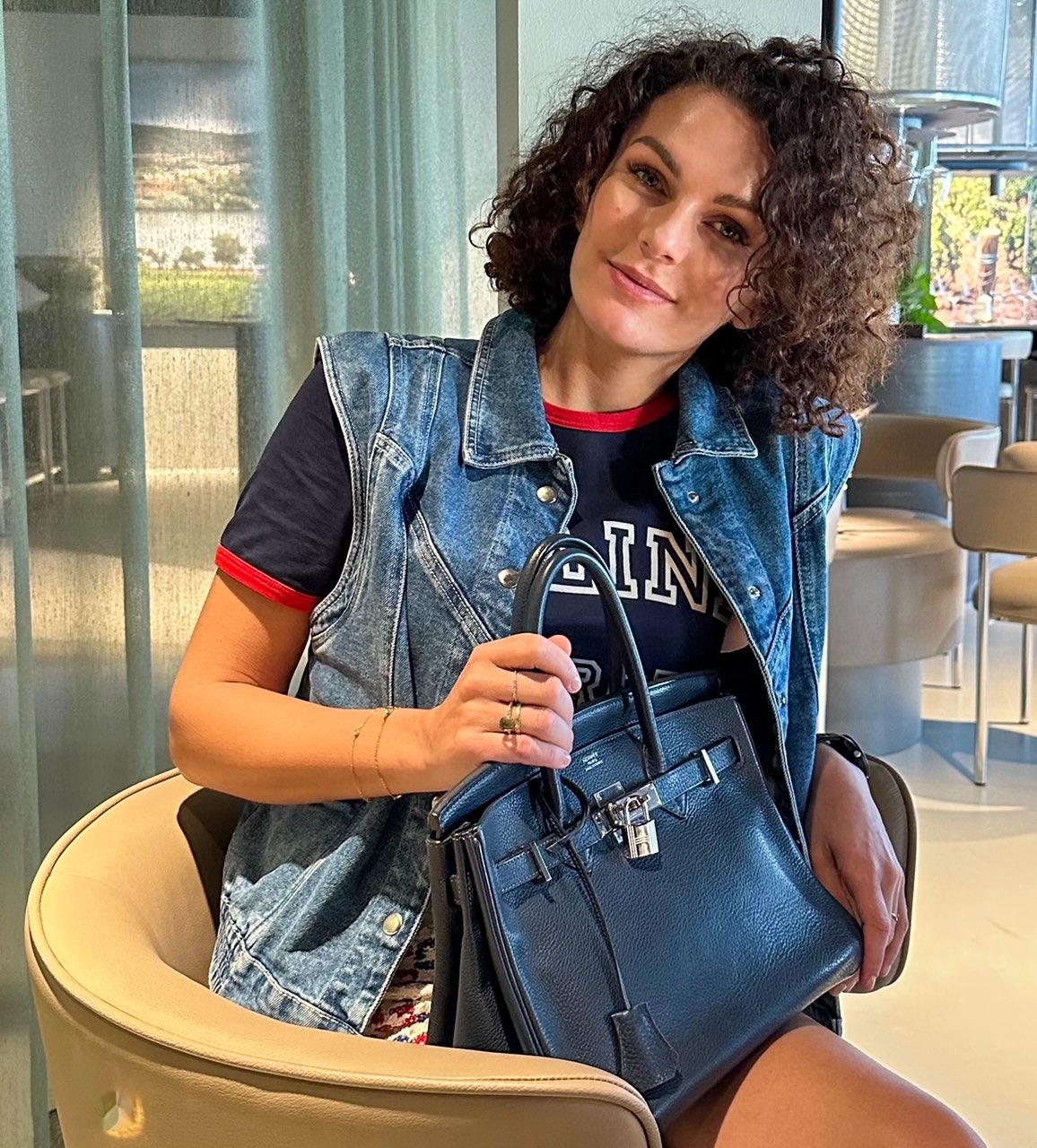 Hermes navy Girl with navy Birkin bag
